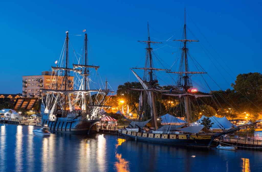 Tall ships in Bay City at night