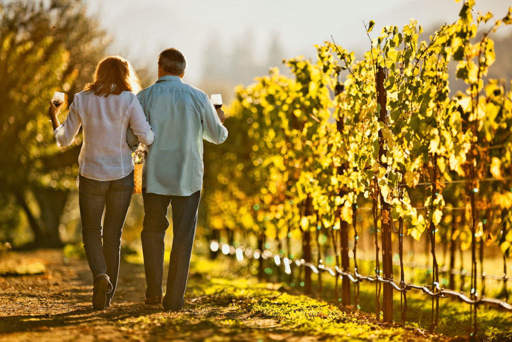 Young couple walking in a vineyard with wine glasses in their hands