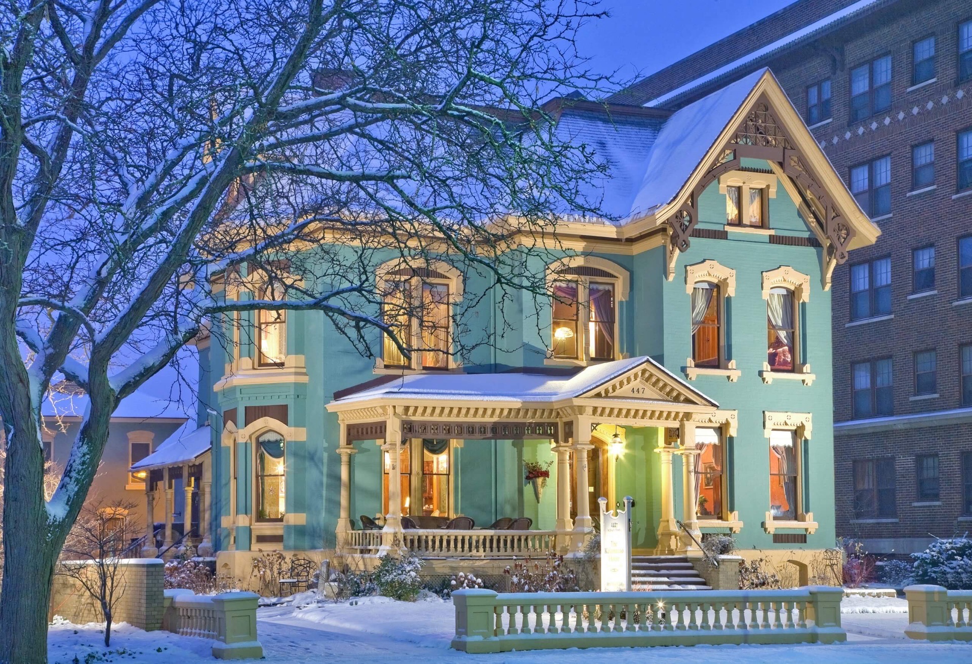 Kalamazoo House Victorian exterior at dusk