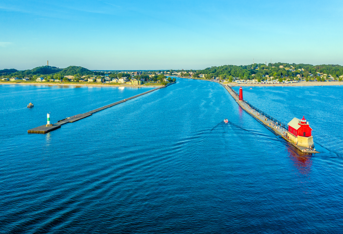 Aerial shot of Grand Haven Lights