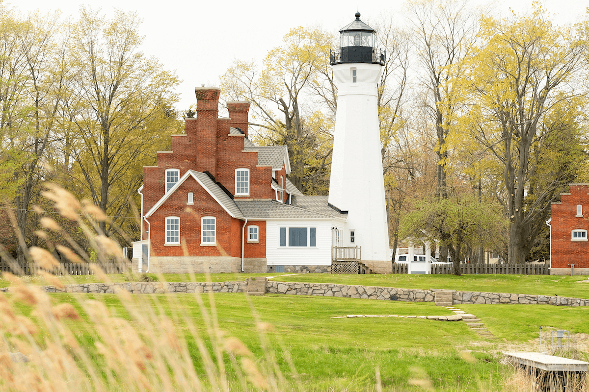 Port Sanilac Lighthouse-white tower with red brick building