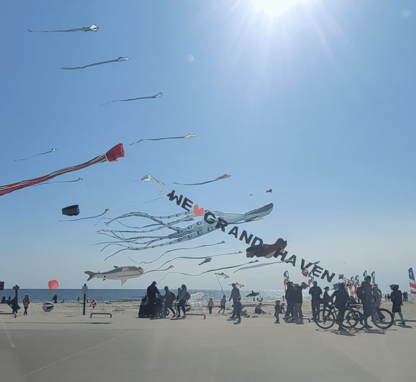 A sky filled with kites at the Grand Haven Kite Festival