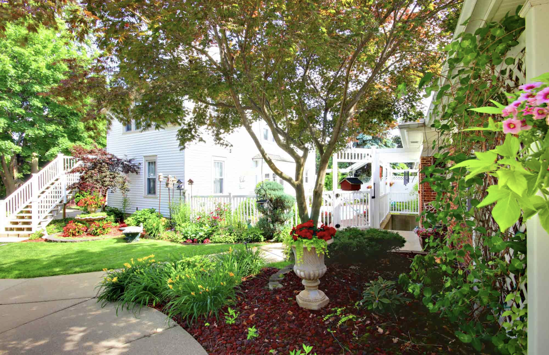 Gardens surrounding a tree with a White House in the background-the Prairieside Suites