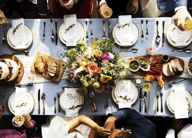 Overhead view of bridal reception dining table at Cochrane House Luxury Historic Inn