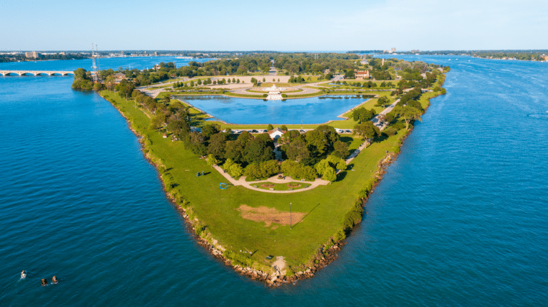 Belle Isle in Detroit surrounded by blue waters