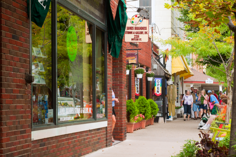 Downtown shopping in Saugatuck. Old brick buildings with signs