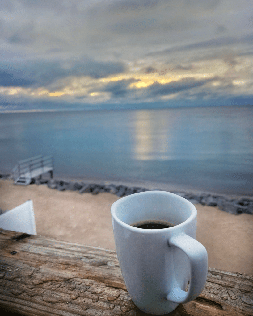 Huron House - Oscoda Michigan, Coffe cup on Beach