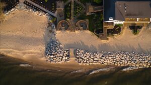 Huron House in Oscoda Michigan on Lake Huron overhead view of beach