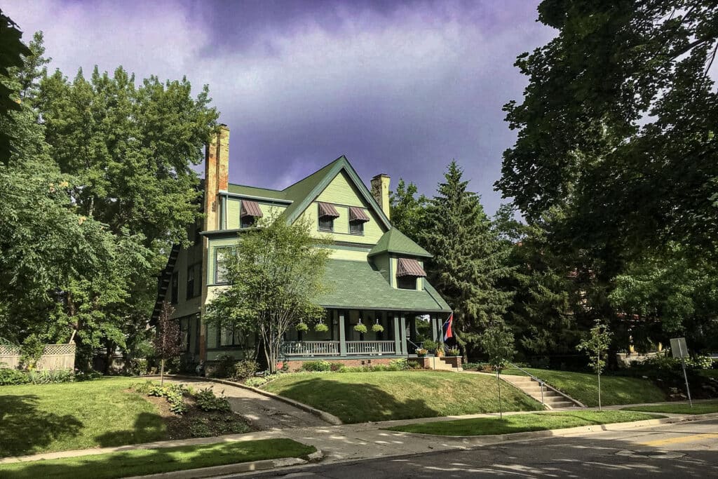 Parsonage Inn Bed and Breakfast in Grand Rapids Front with a moody sky