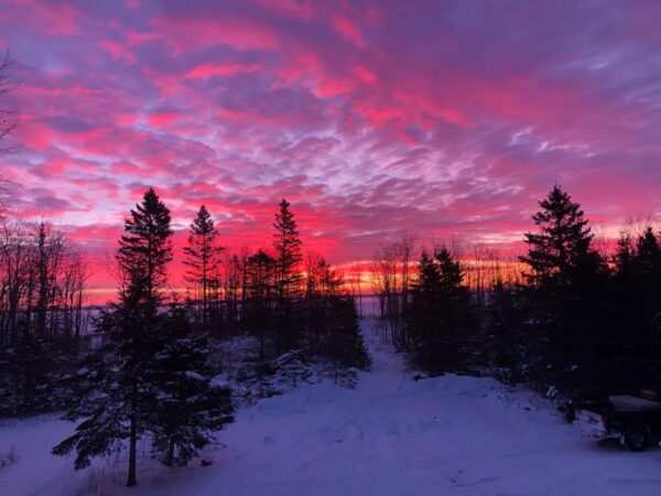 Sunset at the Nahma Pines Cabin B&B, a star gazing escape