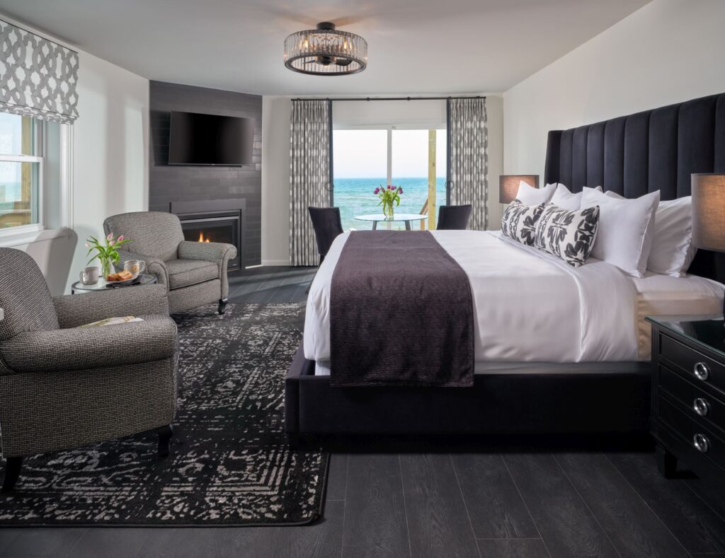 Guest room at the Huron House with doors leading to Lake Huron