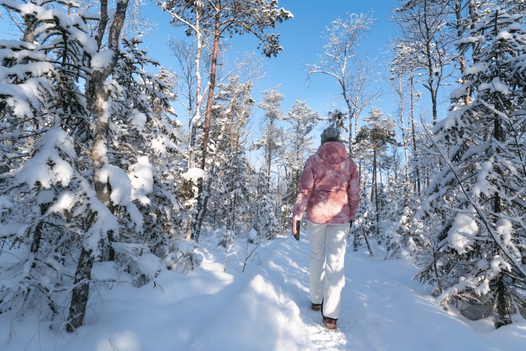 Girl hiking in the woods in the winter